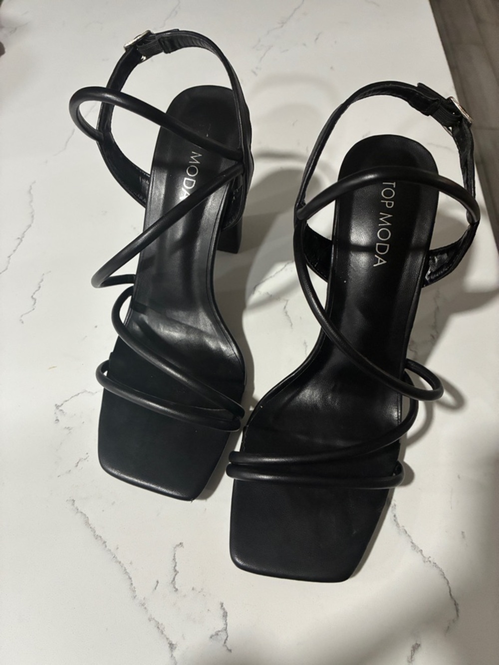 TOP Moda Black Strappy Square Toe Block Heels